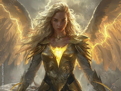 A formidable warrior with blonde hair and wings, channeling the power of yellow lightning 8K , high-resolution, ultra HD,up32K HD