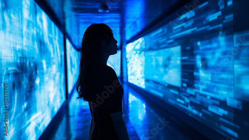 sala de realidad aumentada tecnología dinámica colores azules silueta de mujer photo