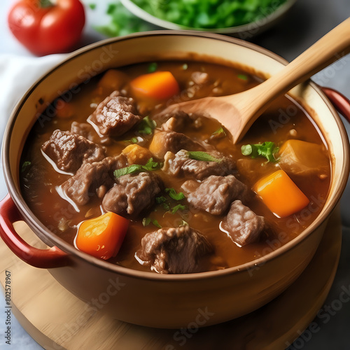 A pot of beef stew with a wooden spoon - generated by ai
