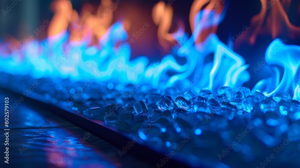 Obraz premium With the press of a button the fireplace ignites in a burst of blue flames that seem to dance and twist in an otherworldly manner. 2d flat cartoon.