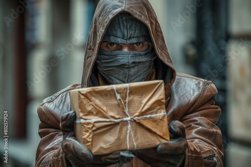 man with a mask holding a mysterious box, hinting at secrets concealed within. photo