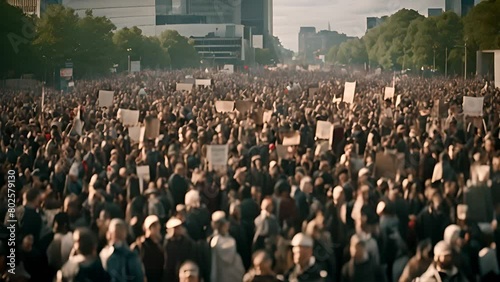 Large Crowd of People Holding Signs in the Street Generative AI photo