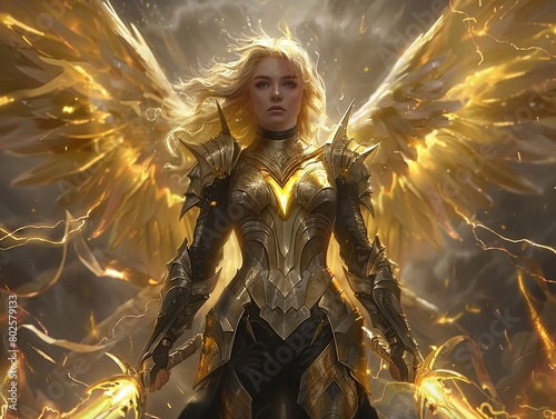 A powerful warrior with blonde hair and wings, casting yellow lightning bolts 8K , high-resolution, ultra HD,up32K HD