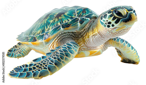 Colorful sea turtle swimming in clear waters isolated on transparent background