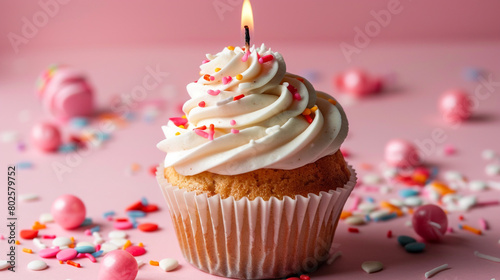 Pink birthday cupcake. Tasty cupcake with candle on pink background