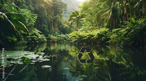 A lake in the shape of a recycling sign in the middle of untouched nature. An ecological metaphor for ecological waste management and a sustainable and economical lifestyle. 3d rendering