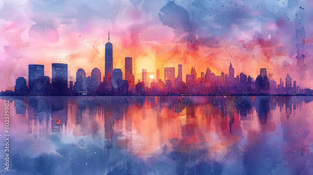 A city skyline is reflected in the water, with the sun setting in the background A city skyline is reflected in the water, with the sun setting in the background