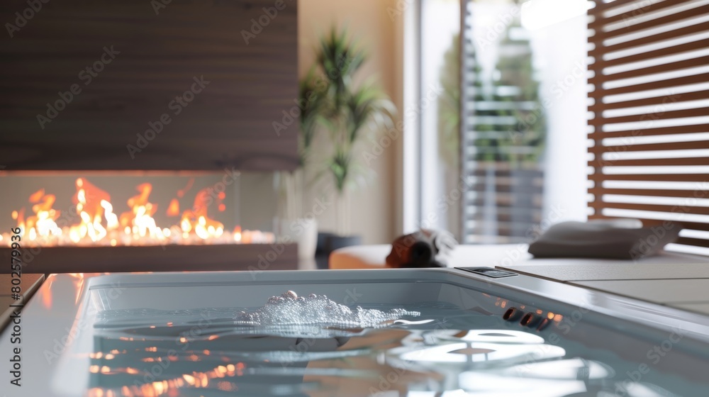 Obraz premium With its sleek modern design and innovative remotecontrolled flames the spas fireplace brings a unique touch to the relaxation room. 2d flat cartoon.