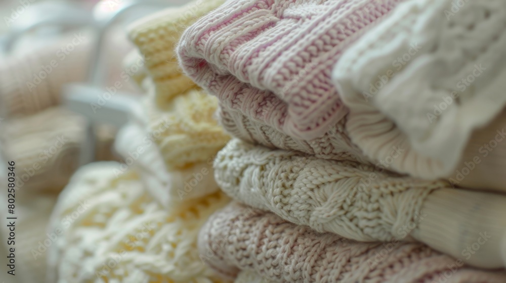 A display of handknitted designer baby clothes featuring soft and delicate yarns suitable for a newborns delicate skin.