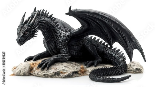 Majestic Black Dragon Figurine Posed on a Stone Isolated on White Background © AS Photo Family