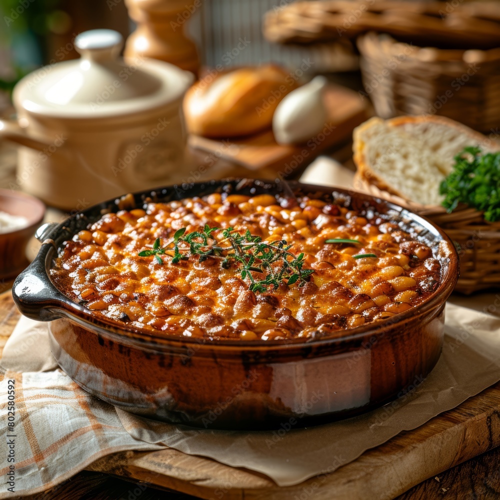 baked dish with beans look hot and bubbly, with a rich, caramelized top layer baked dish with beans look hot and bubbly, with a rich, caramelized top layer