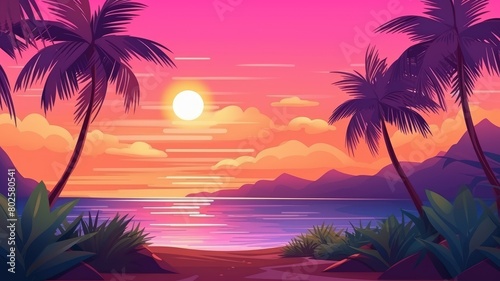 Cartoon illustration of a tranquil coastal road at sunset, framed by silhouetted palm trees against a vibrant sky