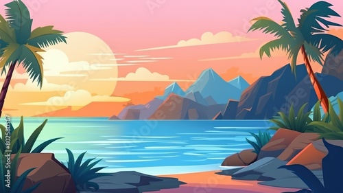 Cartoon illustration of a tropical island at dawn  with palm trees and a tranquil sea  inviting a peaceful start to the day