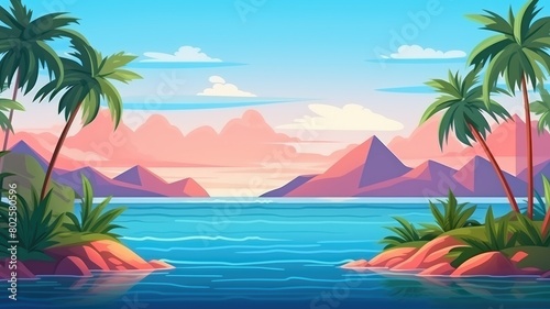 Cartoon illustration of a tropical island at dawn  with palm trees and a tranquil sea  inviting a peaceful start to the day