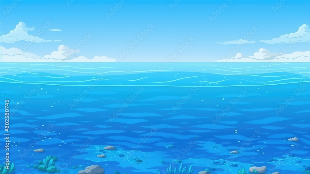 Vibrant underwater cartoon illustration with diverse aquatic plants and clear blue waters against distant mountains