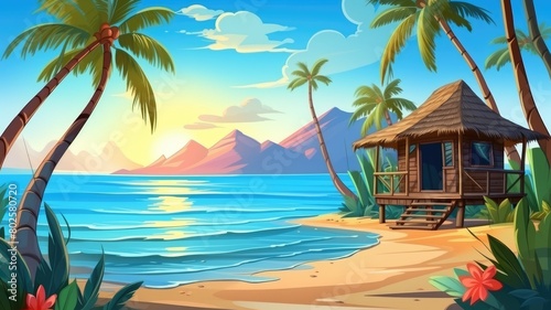 Idyllic cartoon illustration of a beach hut bungalow nestled between palm trees with a serene ocean backdrop