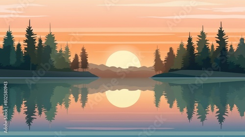 Cartoon illustration capturing the tranquil beauty of a sunrise by the lake, with trees silhouetted against the glowing sky