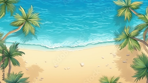 Cartoon illustration of a vibrant summer beach scene with palm trees and a sweeping ocean view from above
