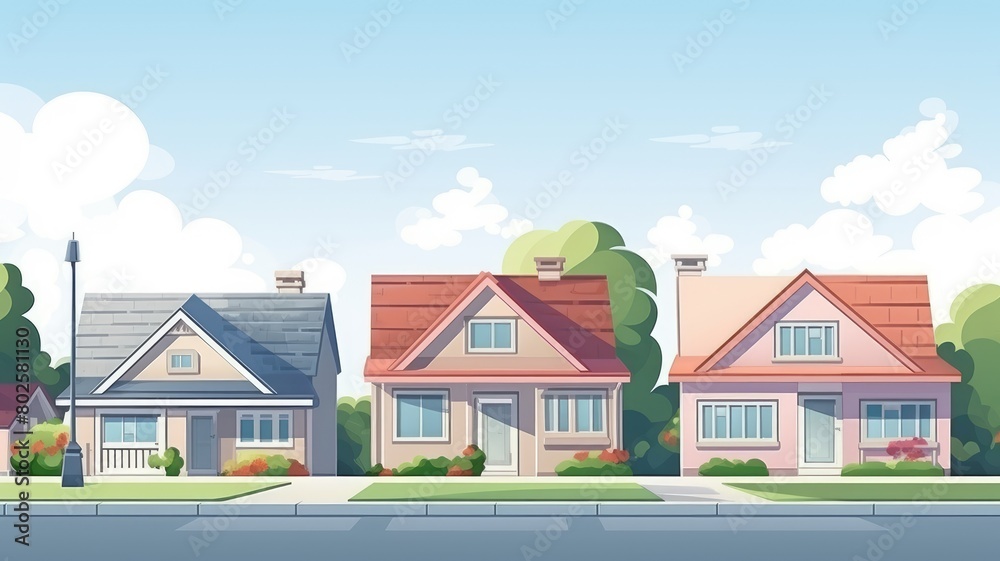 Charming suburban cartoon illustration, with cozy houses and lush greenery under a clear blue sky Charming suburban cartoon illustration, with cozy houses and lush greenery under a clear blue sky