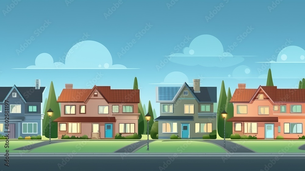 Sunny suburban street cartoon illustration, showcasing a vibrant neighborhood with diverse colorful houses