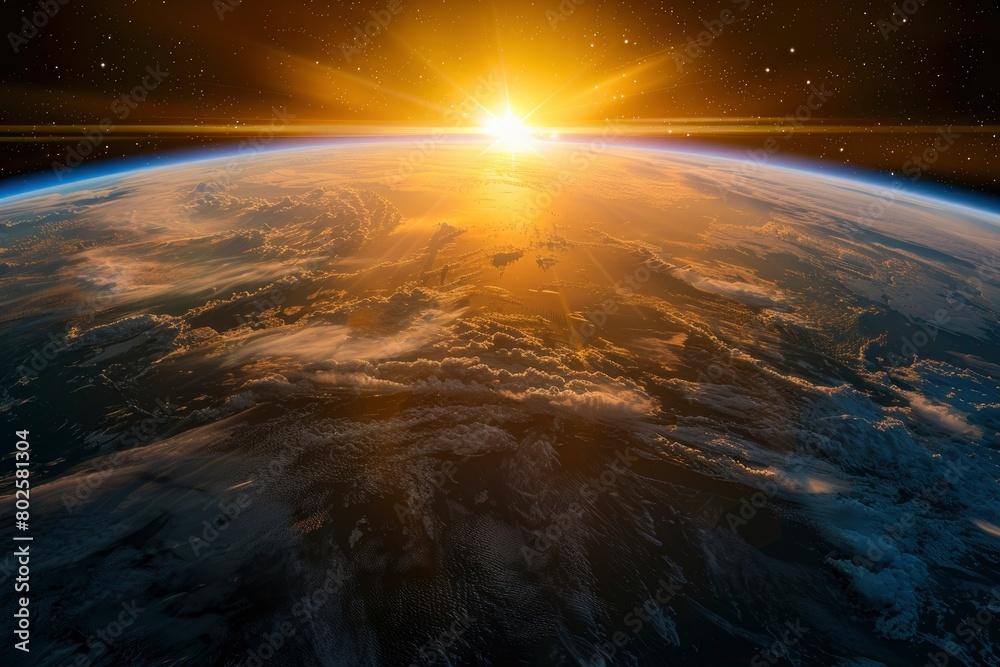 Sunrise view of the planet Earth from space with the sun setting over the horizon - generative ai Sunrise view of the planet Earth from space with the sun setting over the horizon - generative ai
