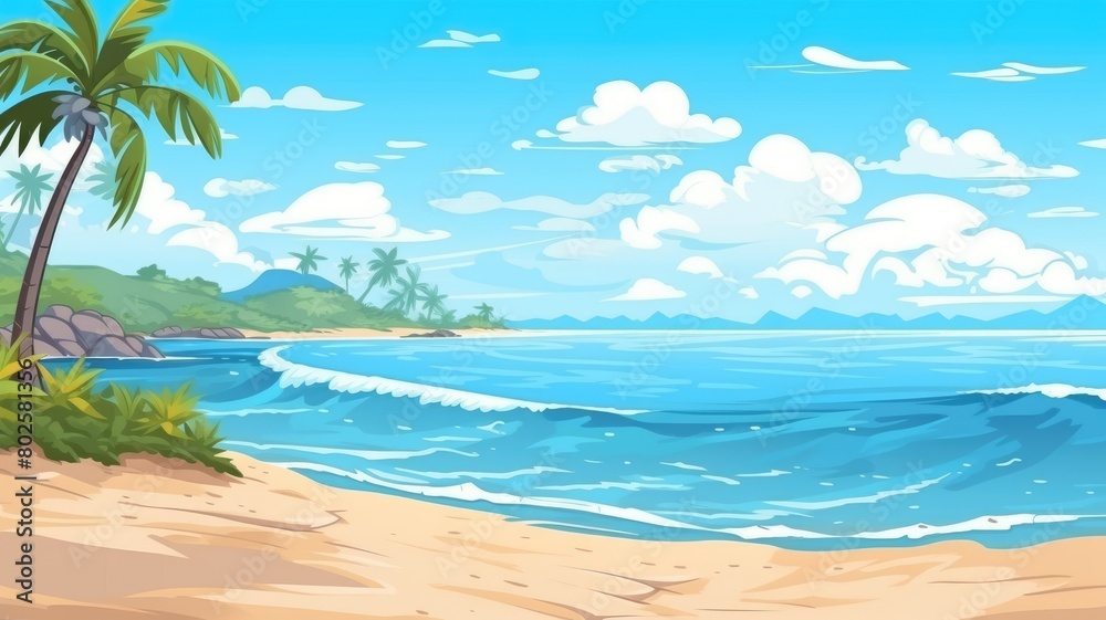 Serene beach cartoon illustration with lush palm trees and tranquil ocean waves Serene beach cartoon illustration with lush palm trees and tranquil ocean waves