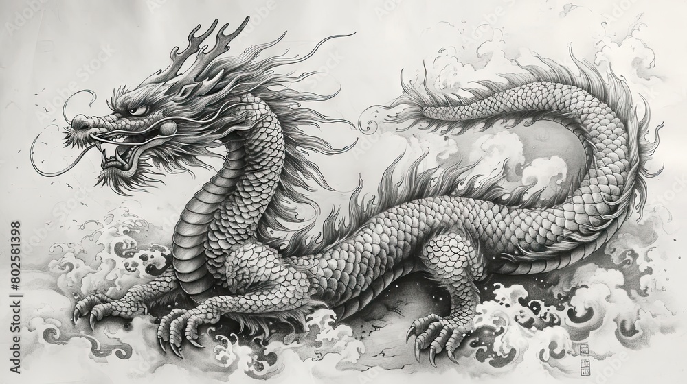 Fototapeta premium Majestic Monochrome Japanese Dragon, Intricate Art in Clouds and Waves
