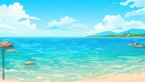 Serene beach cartoon illustration with lush palm trees and tranquil ocean waves © chesleatsz