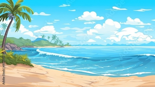 Serene beach cartoon illustration with lush palm trees and tranquil ocean waves