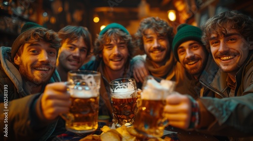 Group of Happy Male Friends Celebrating St. Patrick's Day With Beers at a Pub