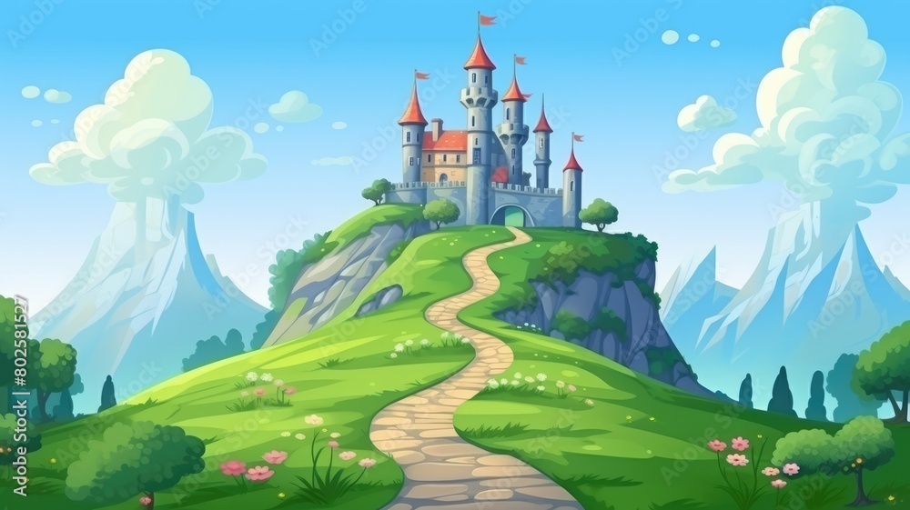 Whimsical cartoon illustration of a fairy tale castle atop a verdant hill, accessible by a winding road