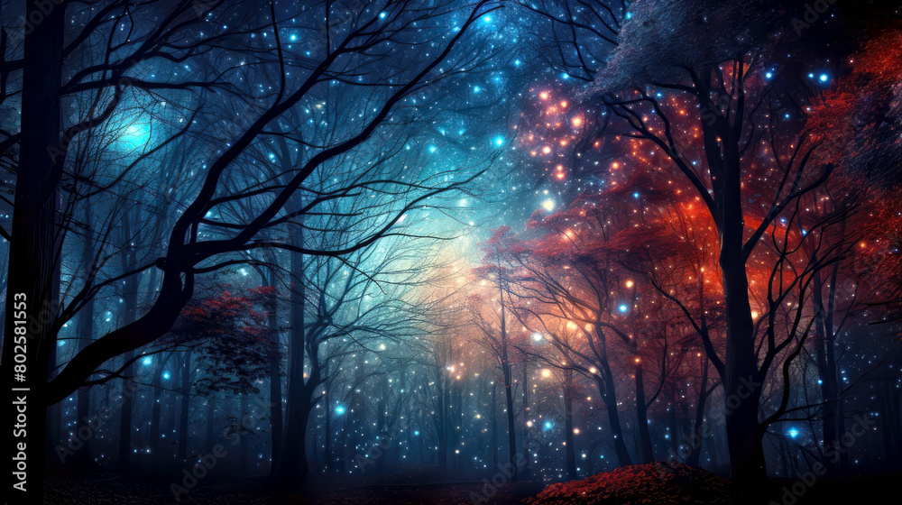 Magical white red blue lights in a mystical forest, ethereal glow, otherworldly dark night in a grove of trees