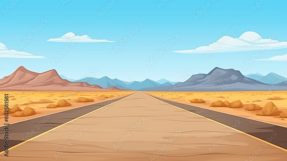 Captivating cartoon illustration of a desert journey, viewed from within a car, with a clear sky and distant mountains