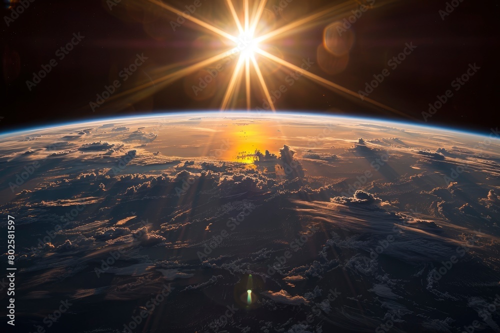 Sunrise view of the planet Earth from space with the sun setting over the horizon - generative ai Sunrise view of the planet Earth from space with the sun setting over the horizon - generative ai