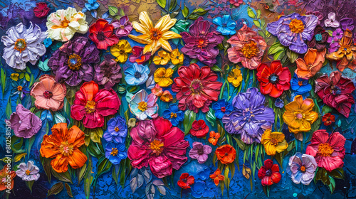 Oil painting of many flowers in bright colours.
