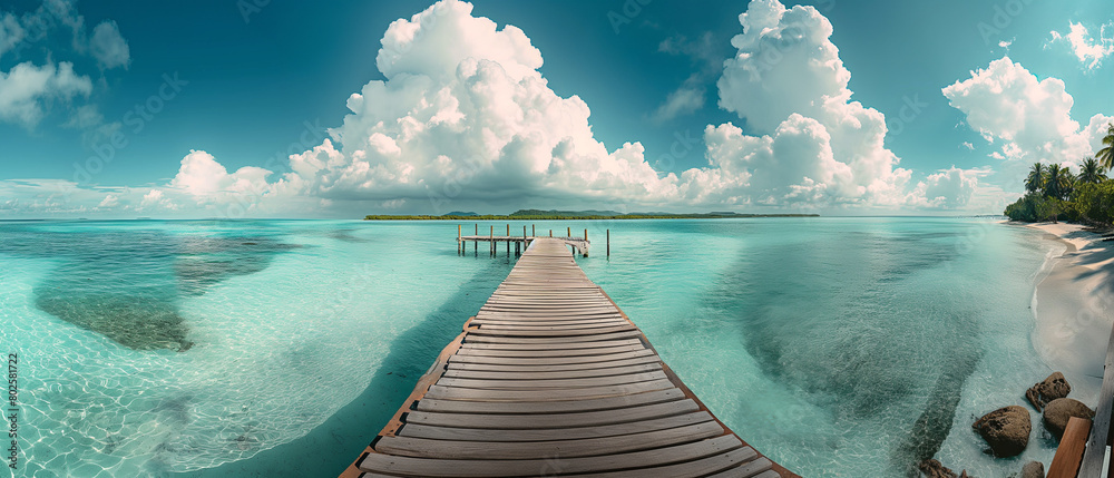 Tranquil Wooden Pier Leading to a Tropical Island