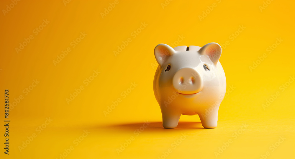 Banner of a white piggy bank on a yellow background with space for text. Concept of economy, savings, and investment. Banner of a white piggy bank on a yellow background with space for text. Concept of economy, savings, and investment.