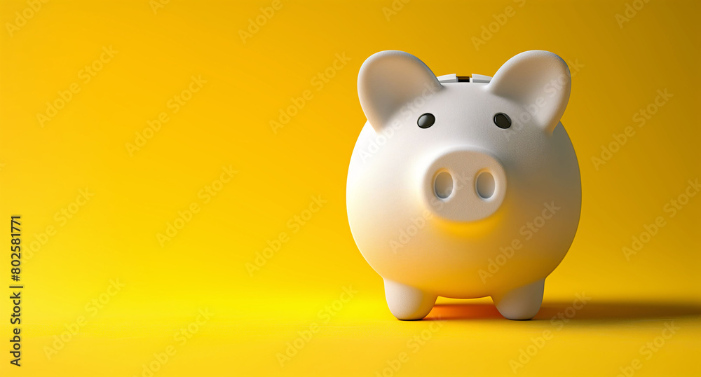 Banner of a white piggy bank on a yellow background with space for text. Concept of economy, savings, and investment.