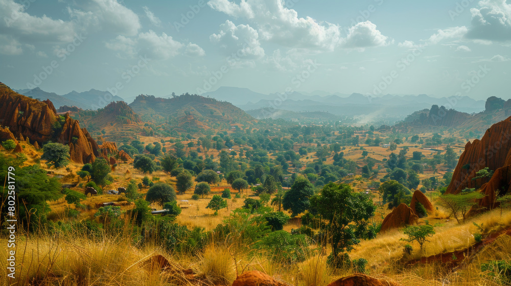 Obraz premium Scenic Landscape of Rugged Terrain and Green Valleys in Niger, Africa