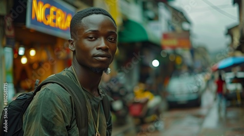 Young African Man in Urban Nigeria, Portrait in a Busy Market Street