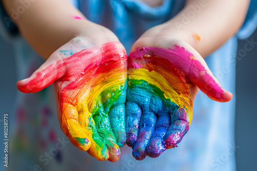Image of a rainbow painted with finger paint on a child's hands. Concept of equality, diversity, and tolerance.