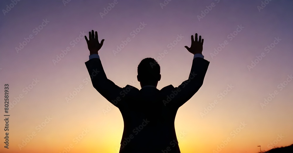 A silhouette of a man in a suit with their arms raised standing against a sunset sky create with ai