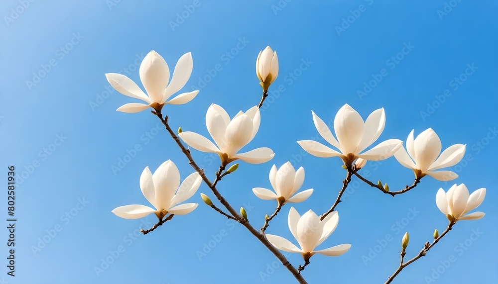 Delicate white magnolia on a blue sky background create with ai Delicate white magnolia on a blue sky background create with ai