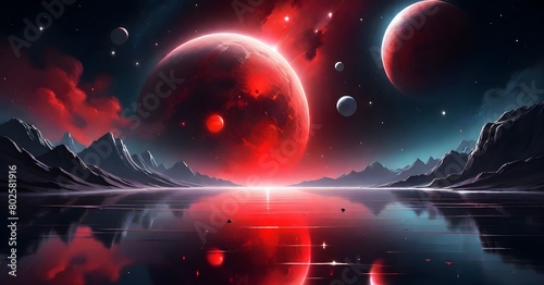 A cosmic landscape with a glowing red nebula, planets, and stars reflected in a calm body of water create with ai