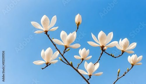 Delicate white magnolia on a blue sky background create with ai