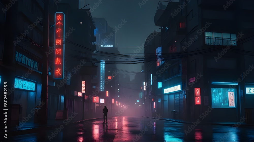 Fototapeta premium Neon Dreams: Cyberpunk Japanese Streets - Futuristic Asian Cityscape Wallpaper, Digital Art, Graphic Novels, Video Games, and Urban Backgrounds