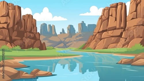 Vibrant cartoon illustration of the Grand Canyon with a peaceful river flowing through the majestic landscape