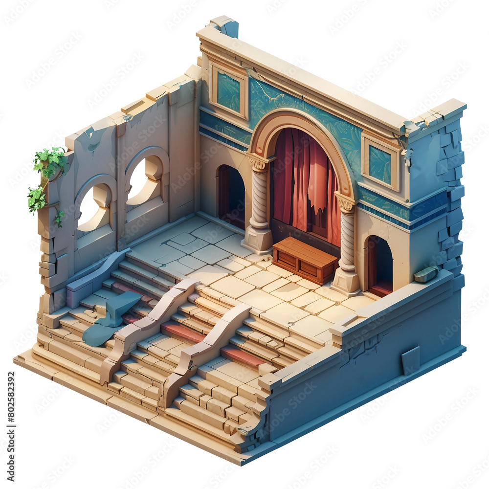 A classical theater design. The ornate stage, elegant staircases, and ...