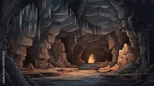 Mysterious dungeon cave entrance, cartoon illustration with a warm inviting glow beckoning adventurers © chesleatsz