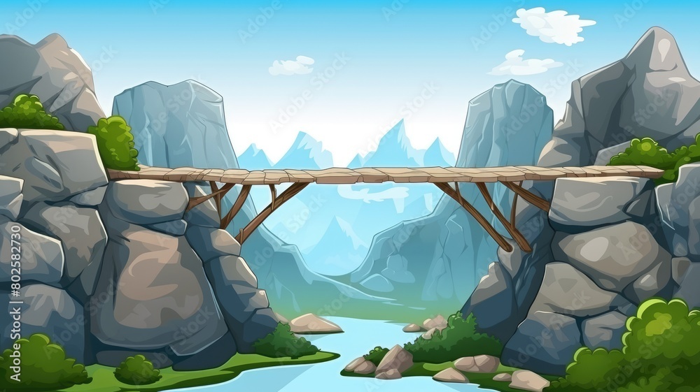 Cartoon illustration of a log bridge arching over a rocky cliff ...